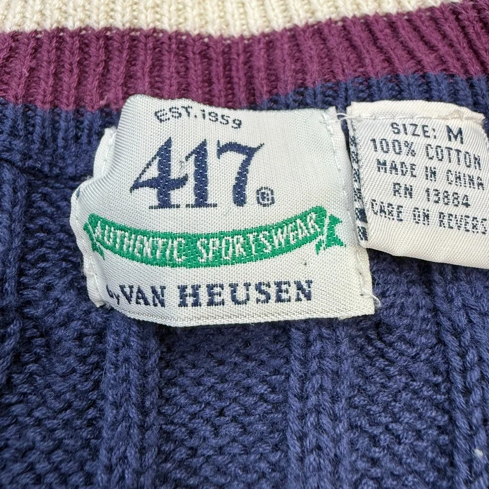 VTG Van Heusen Sweater Medium Tennis Cable Knit V-Neck Ivy Preppy Red White Blue